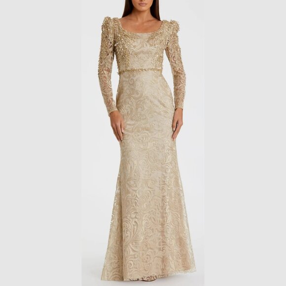 Mac Duggal 11187 Size 14‎ Gold Embroidered Lace Applique Trumpet Gown Maxi Dress - Picture 2 of 4